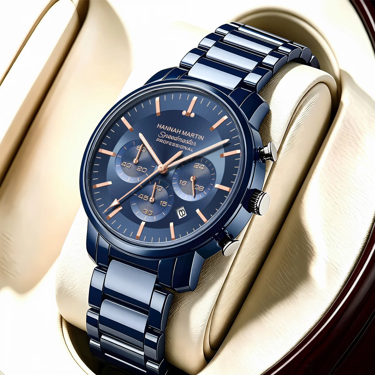 Hannah Martin Men's Watches Fashion Sports 46mm Multifunctional Quartz Clock Stainless Steel Strap Waterproof Business Watch Men