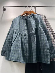 2026 Japanese vintage clothes mori kei vintage 100% cotton dark green check blouses long sleeve tops women's plaid shirts