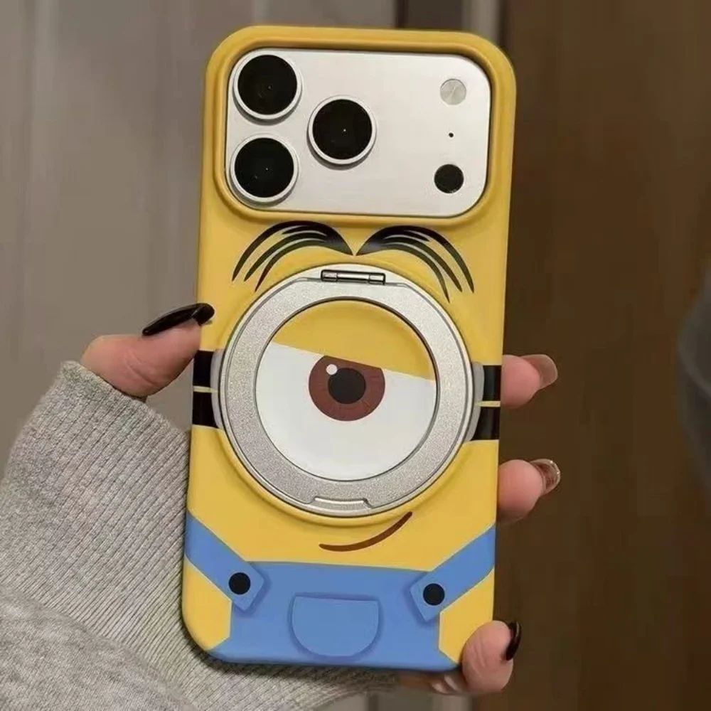 Coque de téléphone mignonne avec motif Minions pour iPhone 18 17 16 15 14 13 12 11 Pro Max, avec support rotatif et protection antichoc.