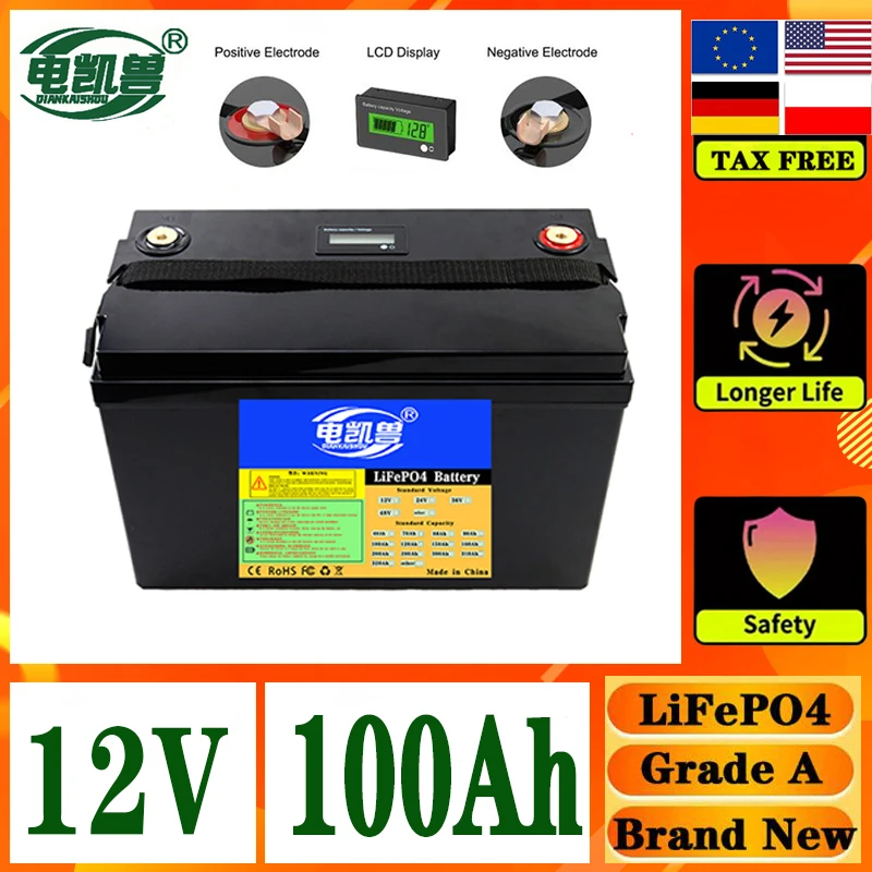 New 24V 150Ah 100Ah lithium iron phosphate battery pack 12.8V 25.6V, suitable for RV off-road off grid battery pack tax-free