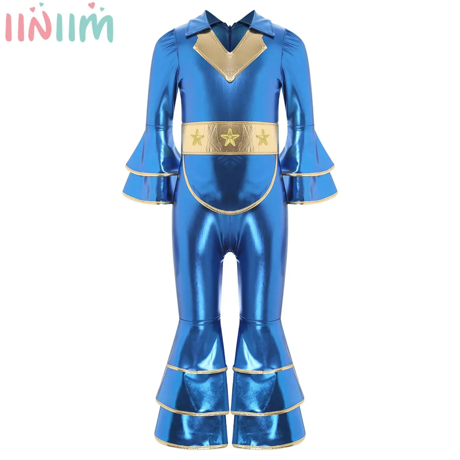 

Kids Girls Disco Costume Halloween Hippie Cosplay Roleplay Party Jumpsuit Disco Romper Party Wear with Flared Cuffs and Belt