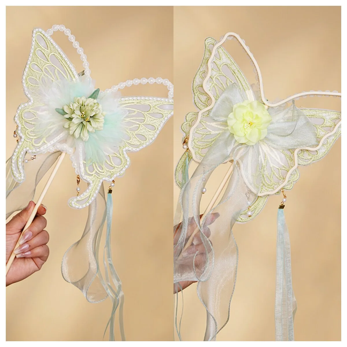 Traditional Chinese Style Butterfly Embroidery Handheld Fan with Feathers Long Sash Floral Dance Fan Gift Souvenir for Photograp