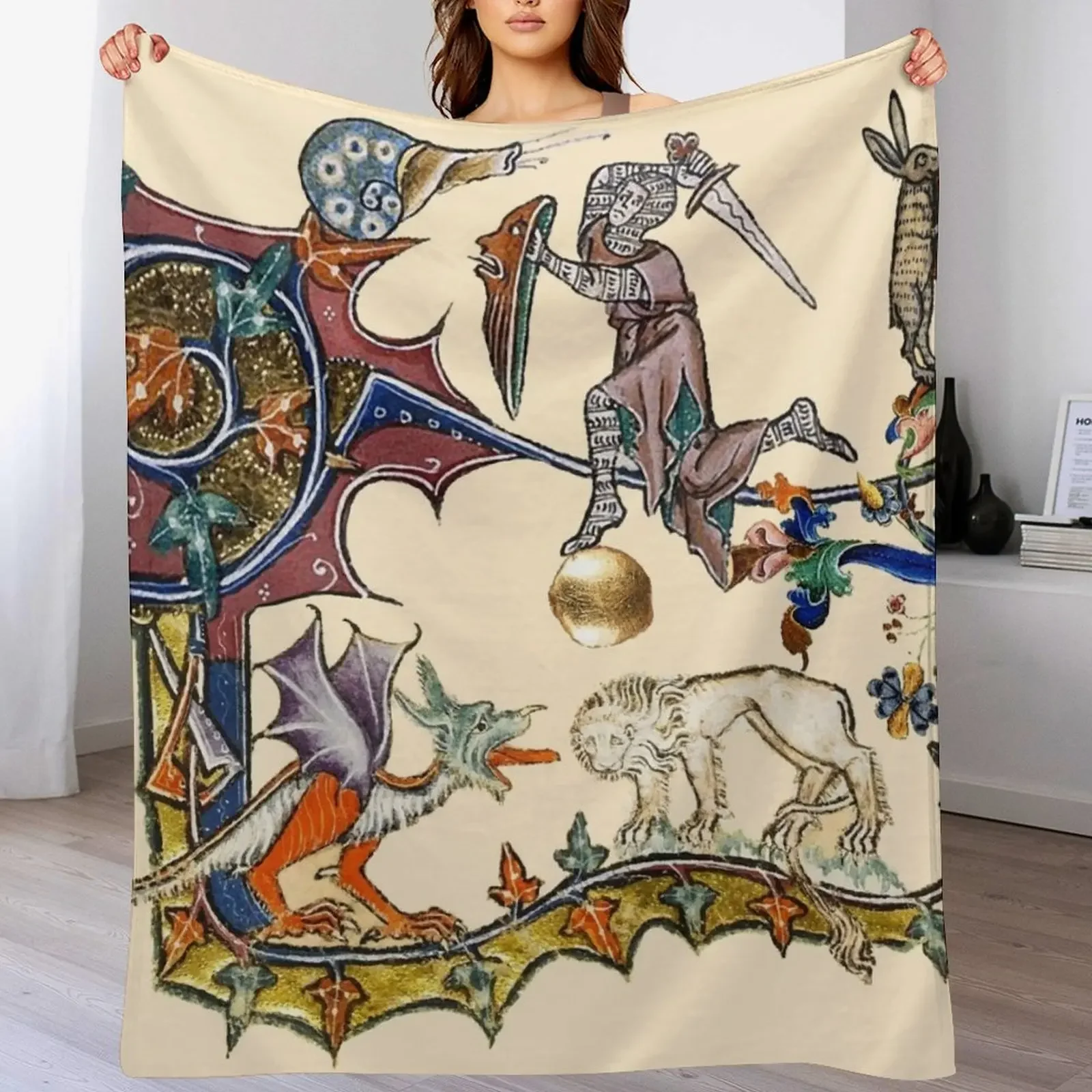 

WEIRD BESTIARY,MEDIEVAL KNIGHT FIGHTING SNAIL,DRAGON AND LION by Bulgan Lumini Throw Blanket decorative Luxury St Blankets