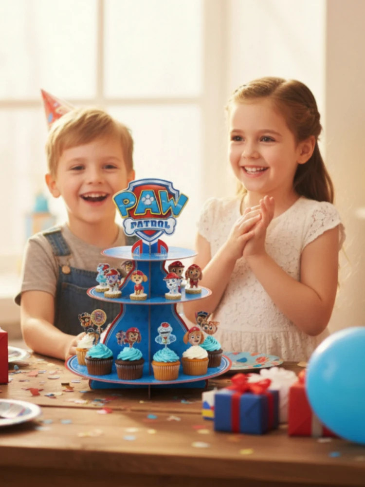 Stojak na tort Paw Patrol z trzema poziomami, obrotowy, dekoracja na przyjęcie urodzinowe dla dzieci, motyw z kreskówki Psi Patrol, dekoracje z motywem psów. — 2