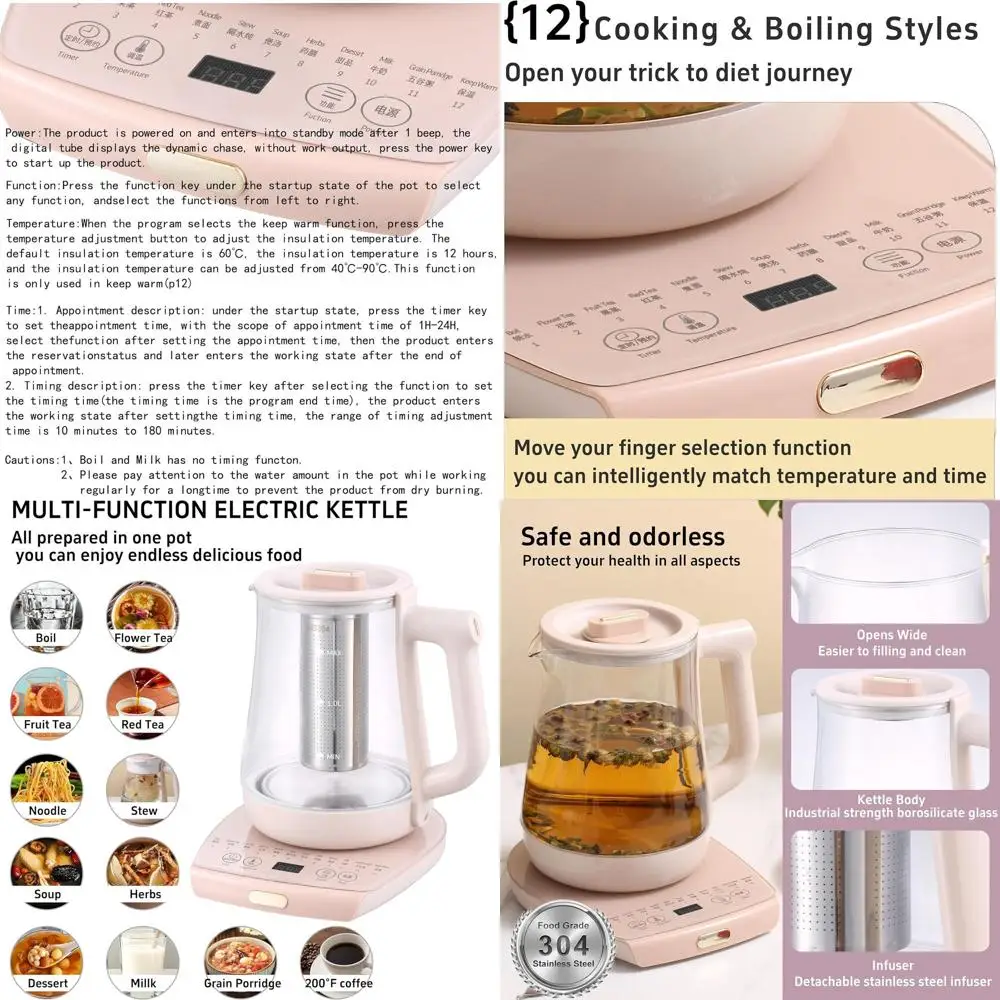 

Infuser Electric Kettle for Fruit Tea, Smart Temperature Control, 12 Settings, 1.8L Capacity, Pink