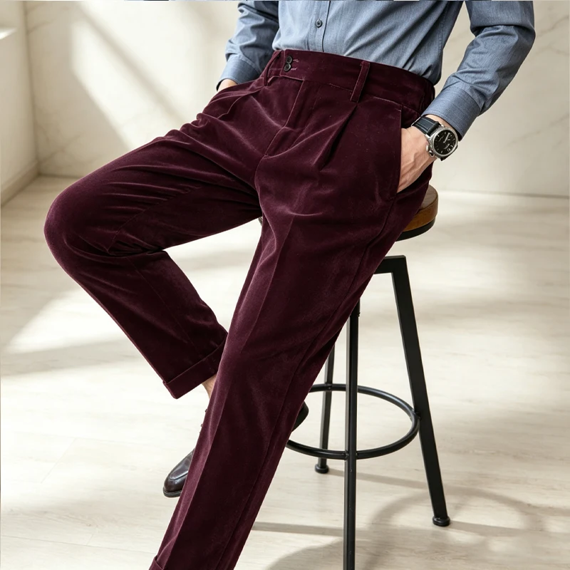 Luxury Men's Velvet Pants High Waist Double Pleat Slim Suit Straight Leg Trousers Business Casual for Formal Wedding Party image 2