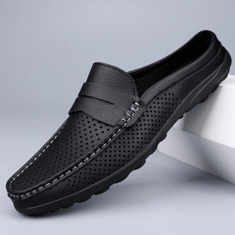 Men's Breathable Casual Leather Shoes Summer Outdoor Anti Slip Soft Sole Comfort Walking Shoes Business Hollow Out Leather Shoes