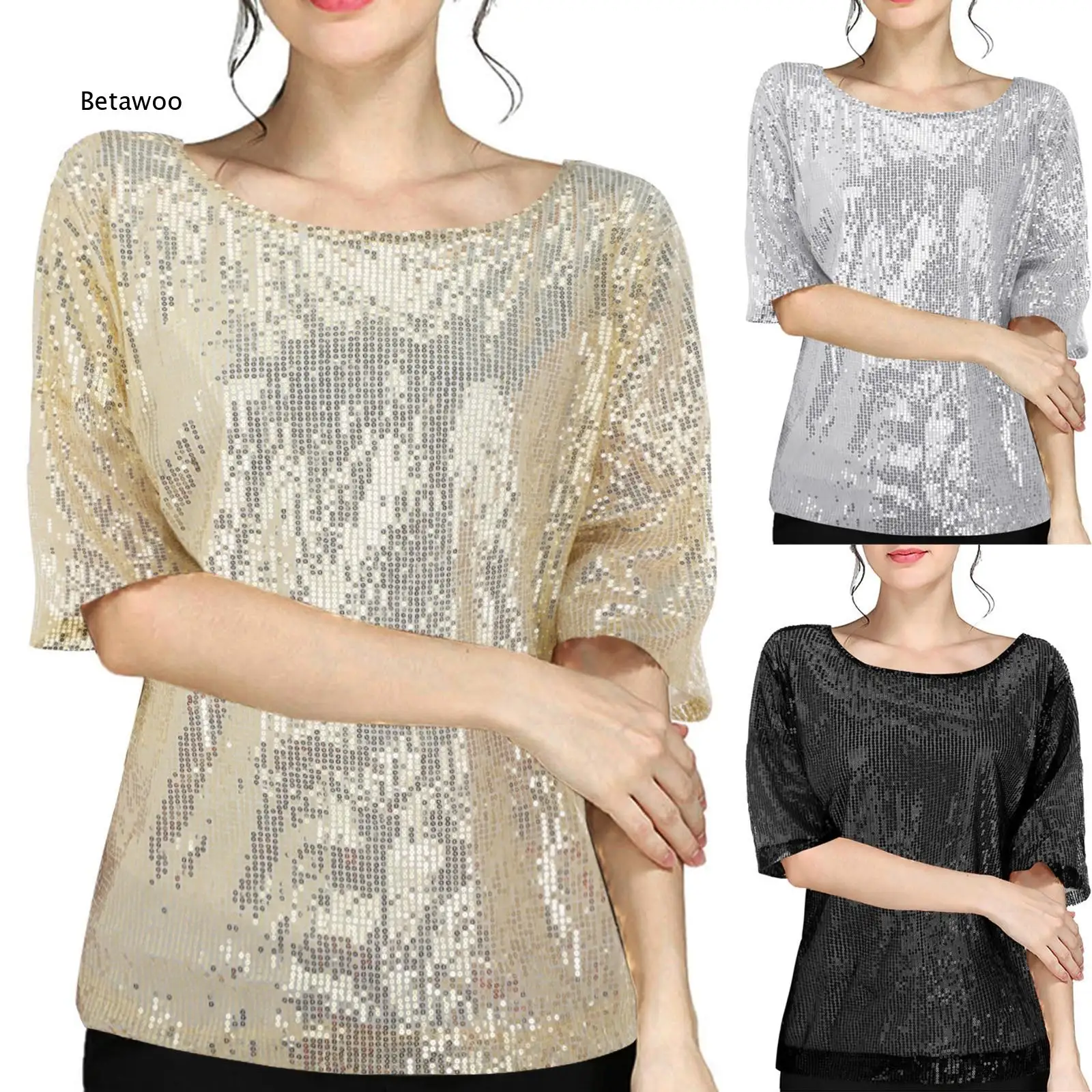 Summer Short Sleeve Tank Top For Women Solid Color Beaded Blouse Sequin T Shirt Loose Fit Performance Top Suitable For Stage Sh