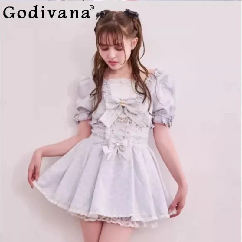 

Комплект: платье и шорты в стиле японской сладкой лолиты, большие размеры, жаккардовое кружево, модный, с завышенной талией, универсальный, омолаживающий эффект, короткий рукав