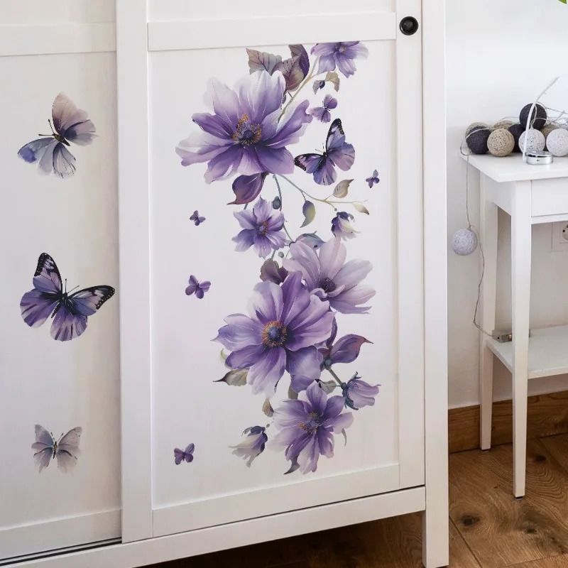 1PCS Purple Flowers Green Plants Butterfly Bedroom Living Room Wall Decoration Wall Stickers Wholesale PVC Material