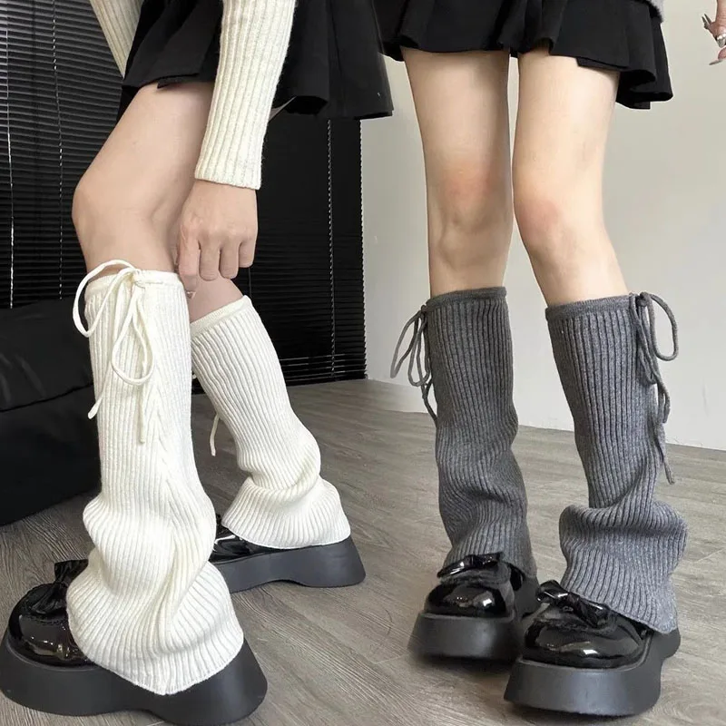

Y2K Knitted Leg Warmers Lace-up Solid Color Long Socks for Women Winter Warm Lolita Stacked Stocking Foot Cover Soft Boot Cuffs