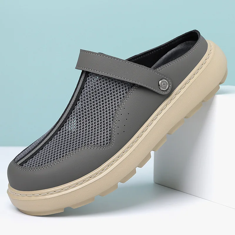 2026 Men's Summer Slippers with One Step Stepping, Half Dragging, Baotou, Casual Breathable, Men's Slippers, Casual Leather Shoe