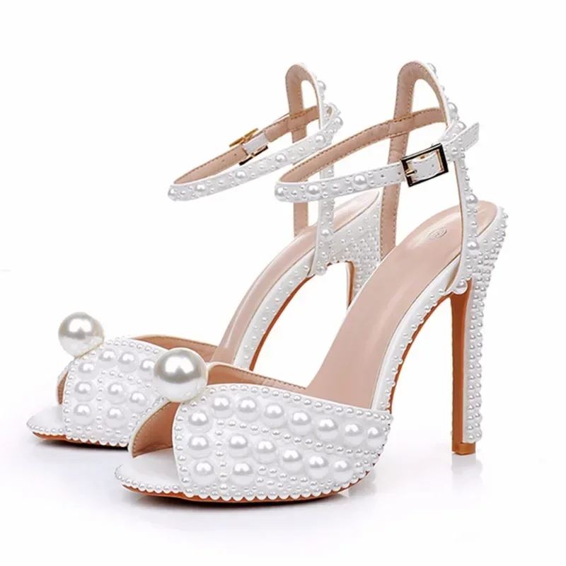 Elegante String Kraal Dames Sandalen Zomer 2024 Dames Feest Leren Hoge Hakken Schoenen Vrouw Luxe Vrouwen Schoenen Hoge Kwaliteit 11Cm