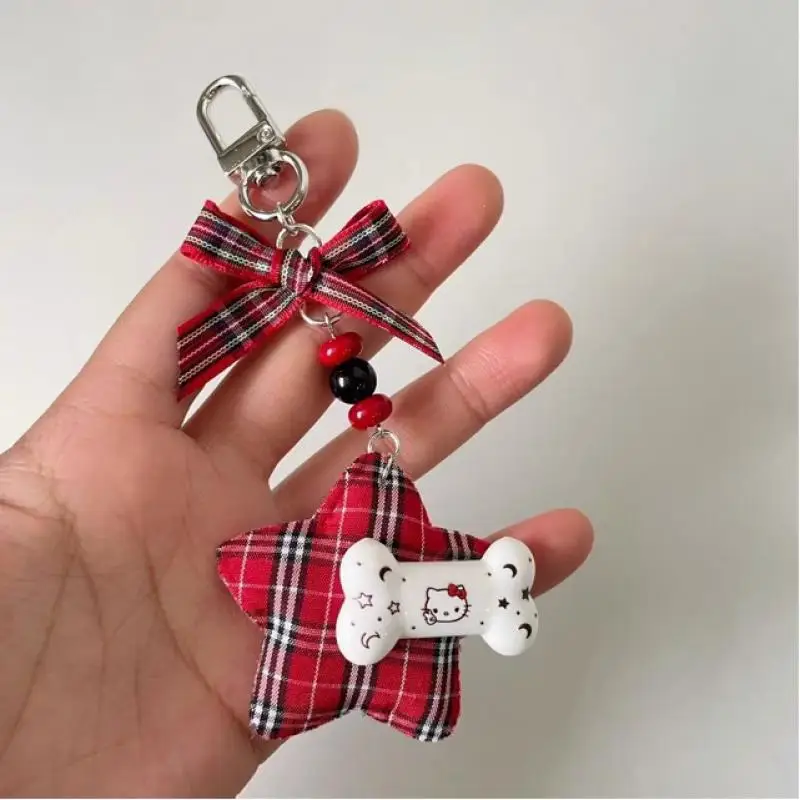 Hello Kitty Anime Retro Red Plaid Cute Keychain Girl Decorate Bow Star Bone Kitten Pendant Bag Pendant Mobile Phone Pendant Gift