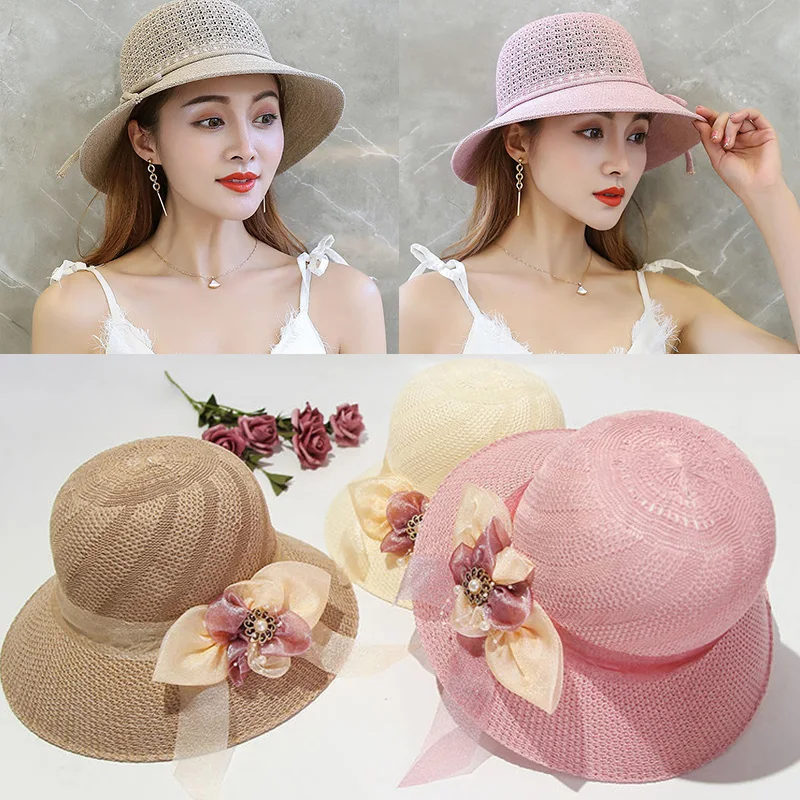 2024 Summer Sun Protection Hat Ladies Panama Caps Women Straw Hat Sun Hats Wide Brim Beach Cap Girls Bowknot Ribbon Outdoor