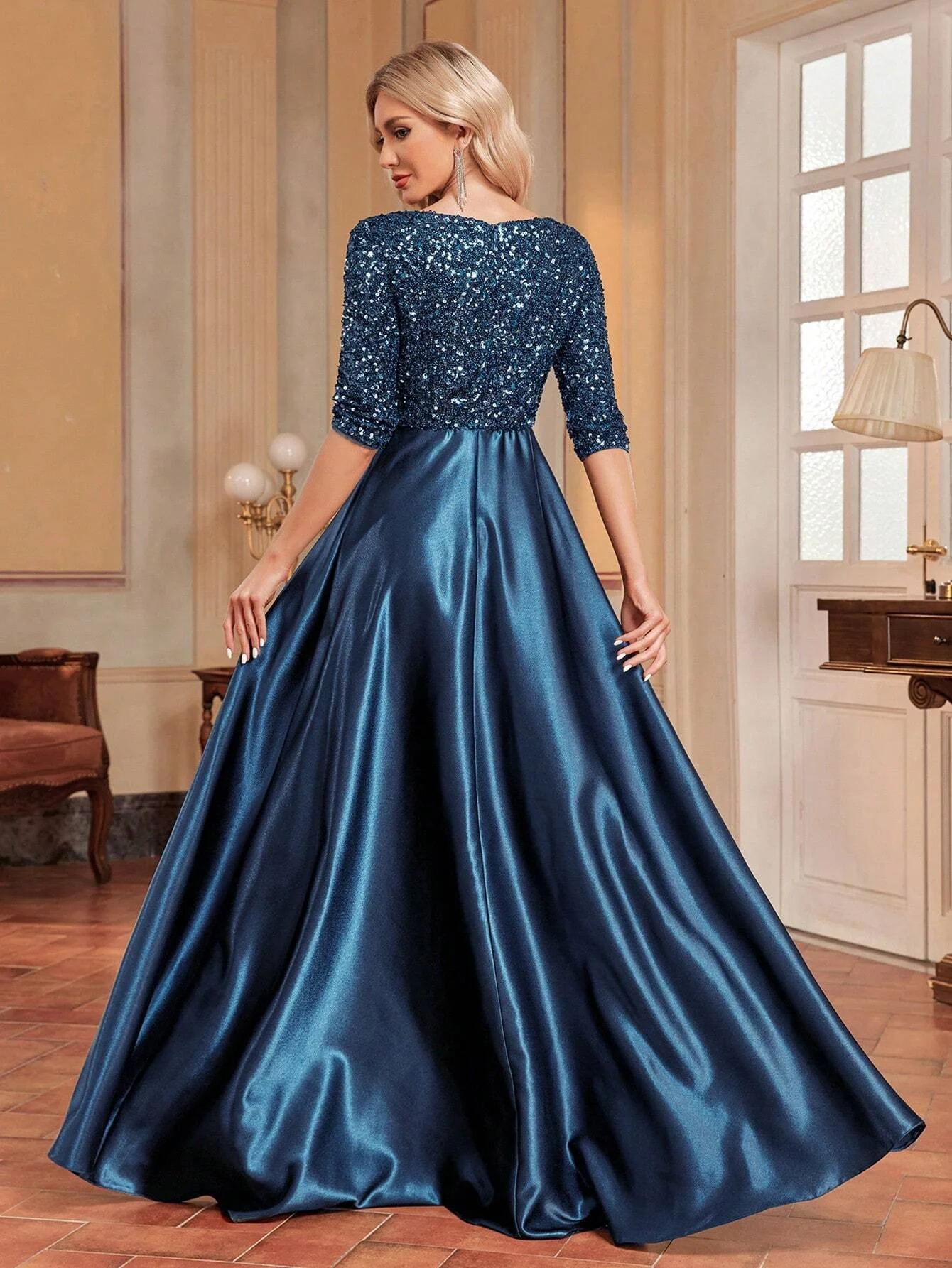 Frauen V-Ausschnitt lange Pailletten Abendkleid Strass eine Linie besonderen Anlass formelle Abschluss ball Abendkleid
