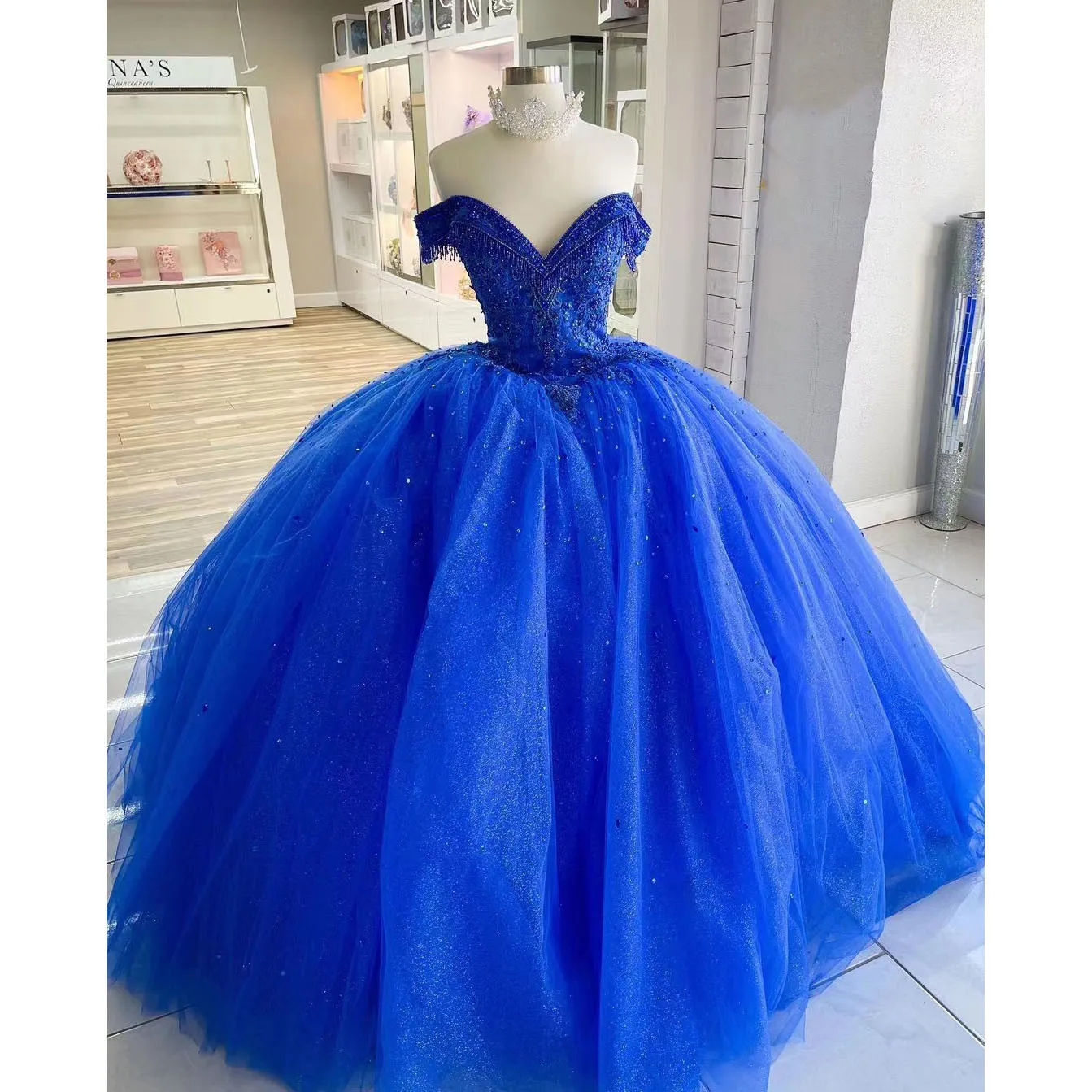 Gaun Quinceanera Biru Gaun Pesta Malam Formal Rumbai Berpayet Manik-manik untuk Gadis Manis Vestidos De 15 Años