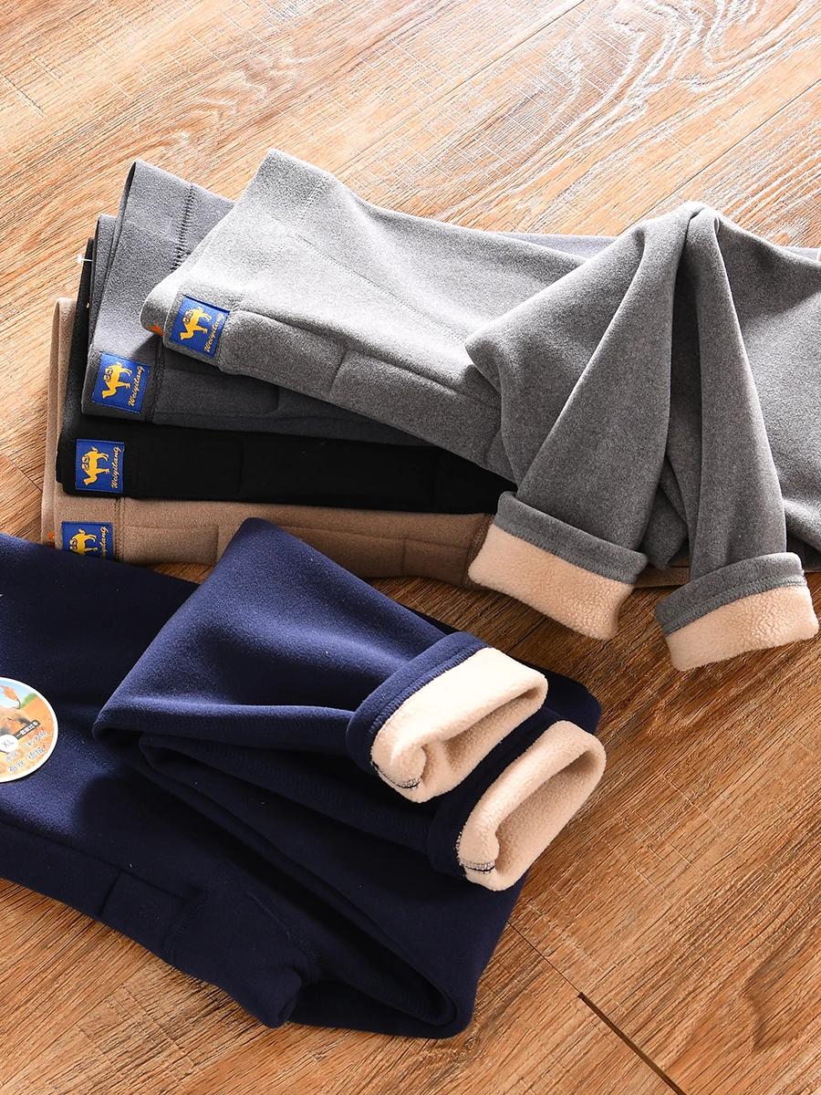 Men's Thickened Warmth Leggings High Elasticity Composite Fleece Inner Winter Simple Style Youth mid Waist Home Clothes