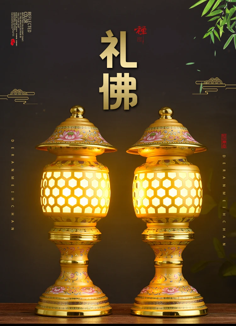 A PAIR 2pcs Buddhism high grade HOME Temple shrine enshrine worship bring wealth money good luck buddha God of wealth lamp 33cm