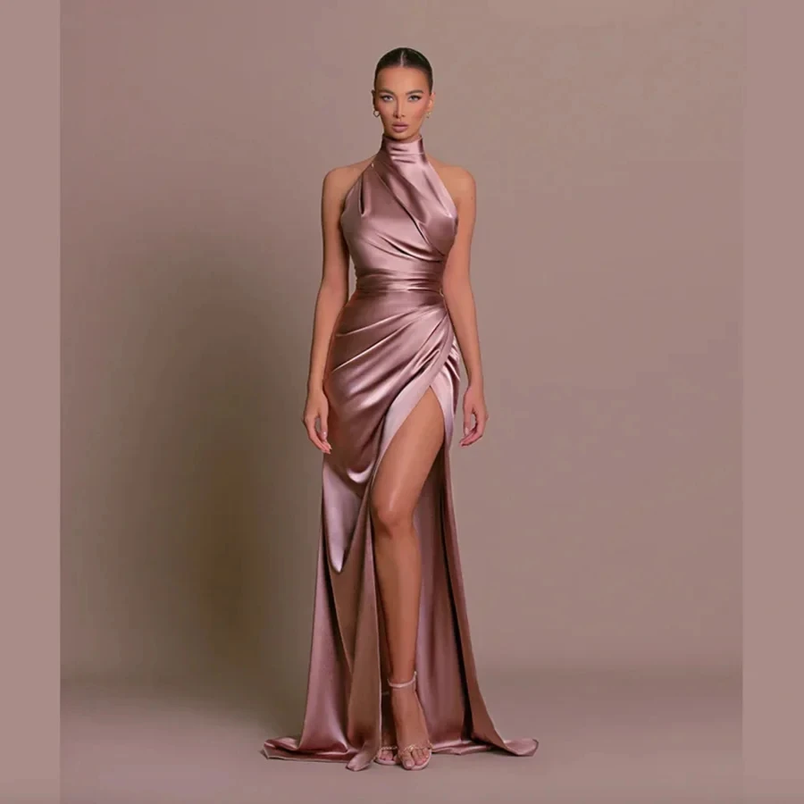 MisShow Elegant Halter Neck Mermaid Prom Dresses with Split 2024 Women\'s Pleated Satin Long Formal Evening Party Gowns