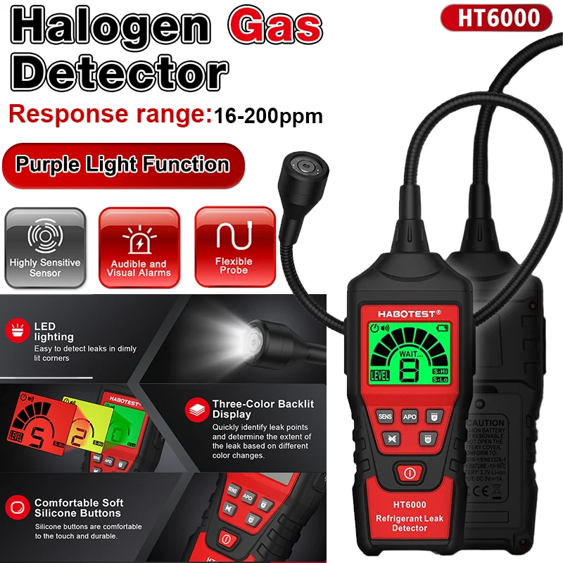 

HT6000 Галогенный детектор утечки газа 16-200PPM Фиолетовый свет Звуковая и экранная сигнализация Высокочувствительный газовый датчик 418 мм Свободно металлический шланг