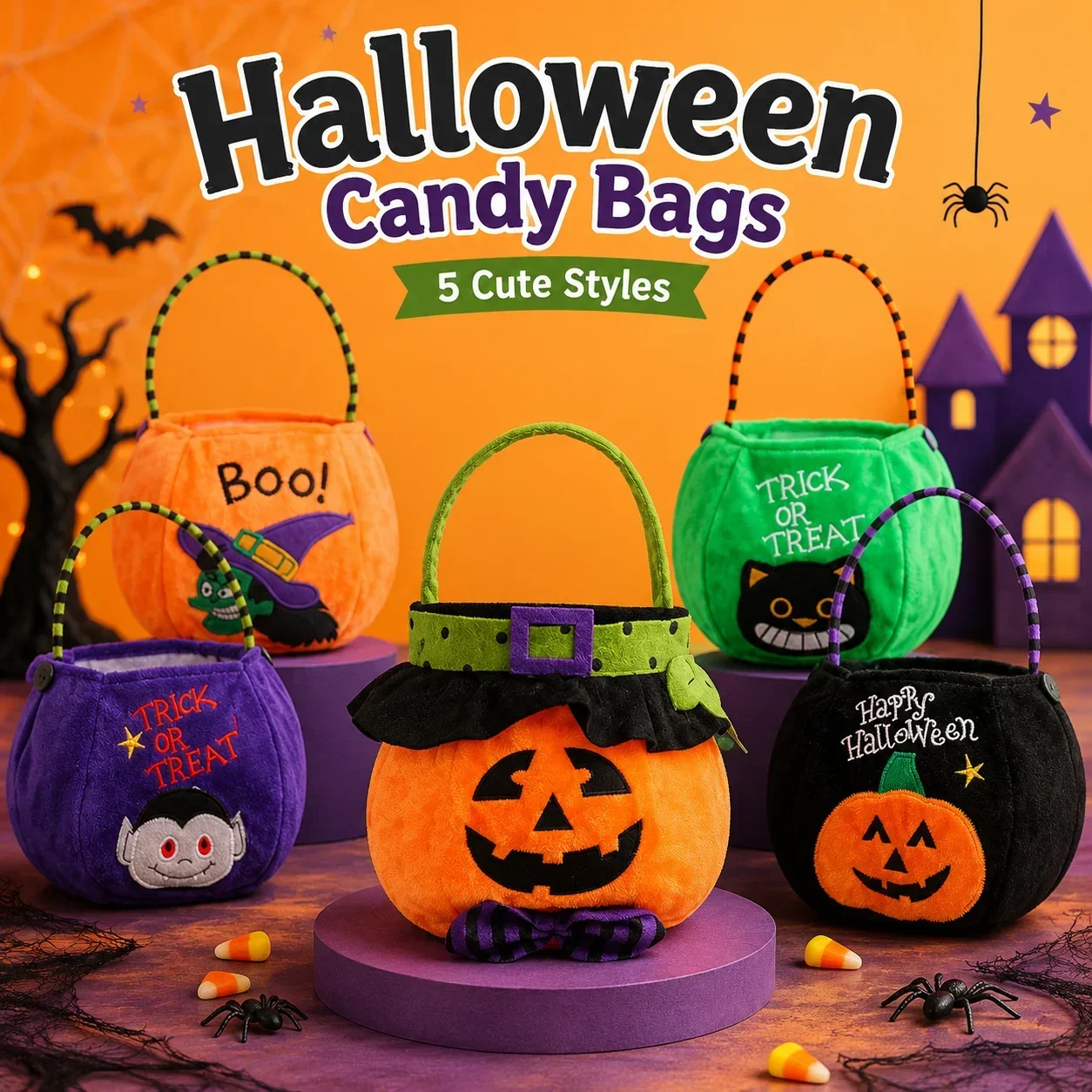 Spooky Holiday Storage Supply 1PC Plush Pumpkin Hand Tote Bag Embroidered Witch Cat Vampire Kids Trick Or Treat Goodie Bucket - view 8