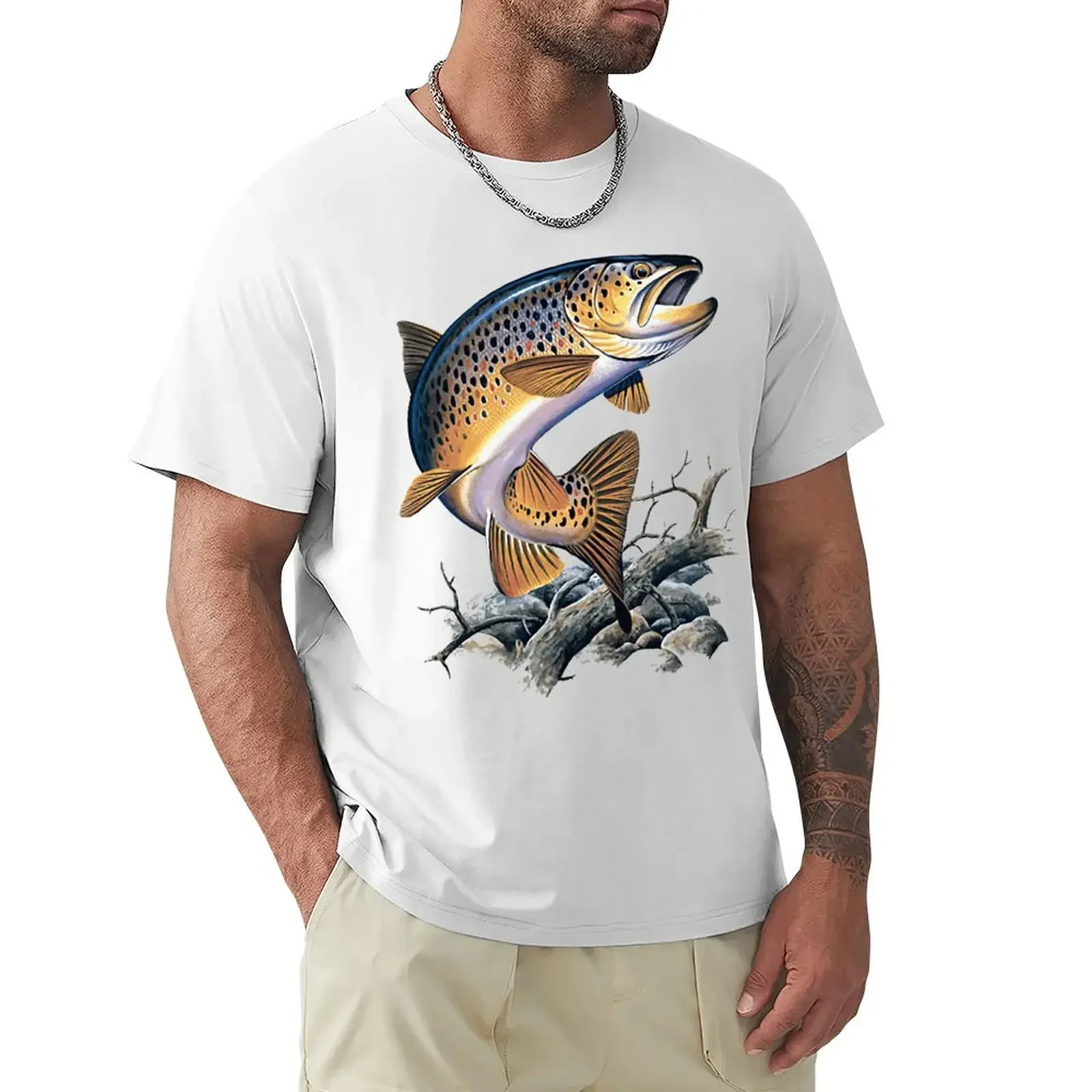 

Interesting trout print T-shirts for men's clothing, fashionable casual sportswear for outdoor trips, fishing enthusiasts