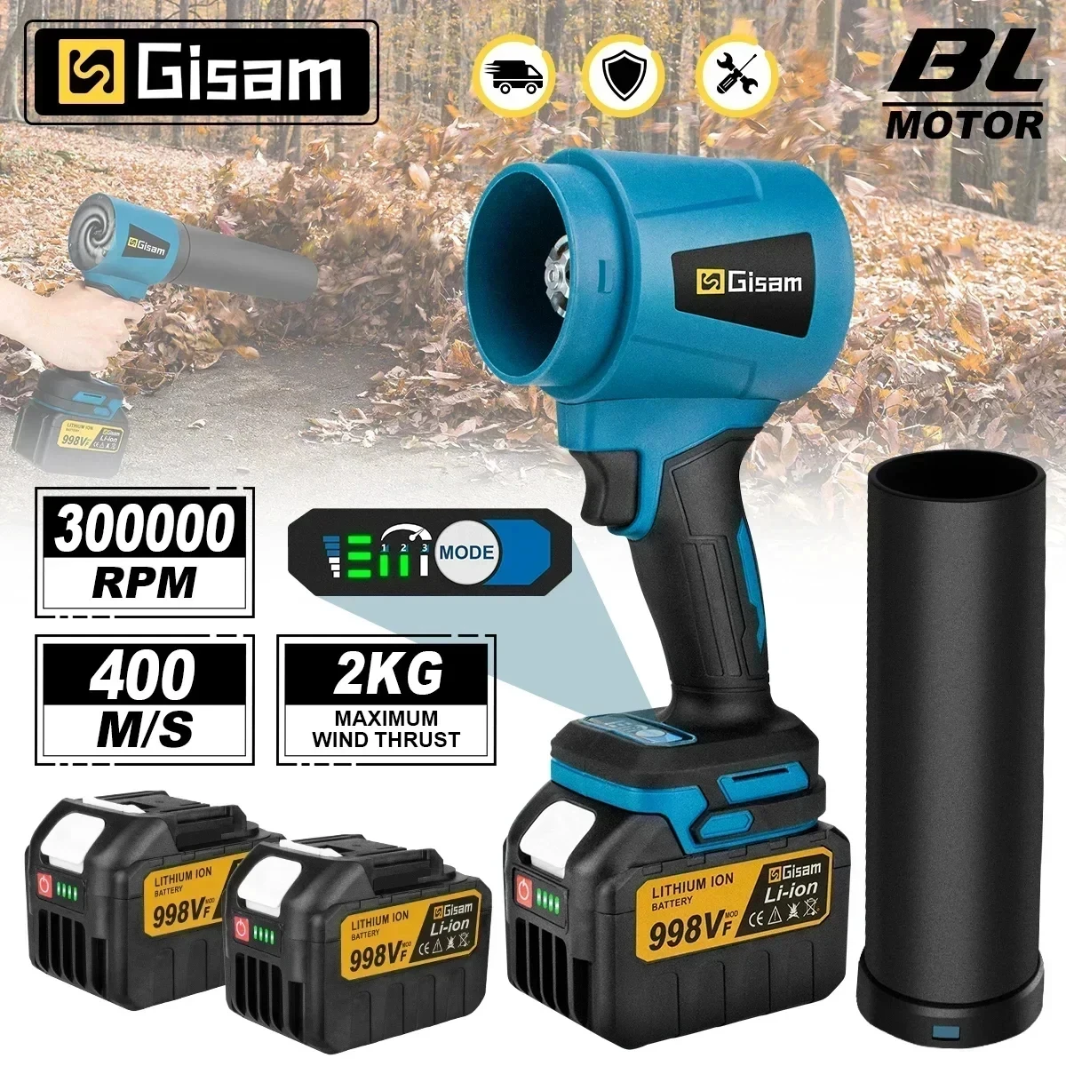 Gisam 400M/s Brushless Electric Blowers Jet Fan 300000RPM Handheld Leaf Turbo Blower Dust Blowing for Makita 18V Battery pins