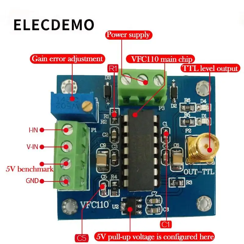 

VFC110 Модуль напряжения-частота Высокоскоростной модуль преобразования напряжения-частоты Внутренний опорный 5 В Встроенный выход 4 м