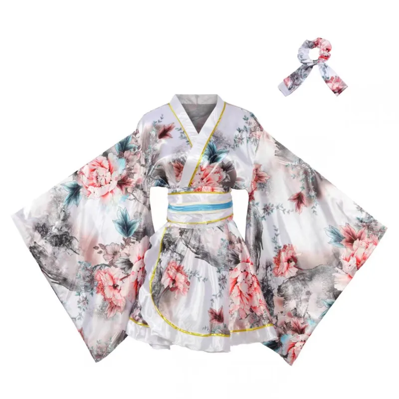 Women's Kimono Costume Adult Japanese Geisha Yukata Sweet Floral Patten Gown Blossom Satin Bathrobe Sleepwear with OBI Belt