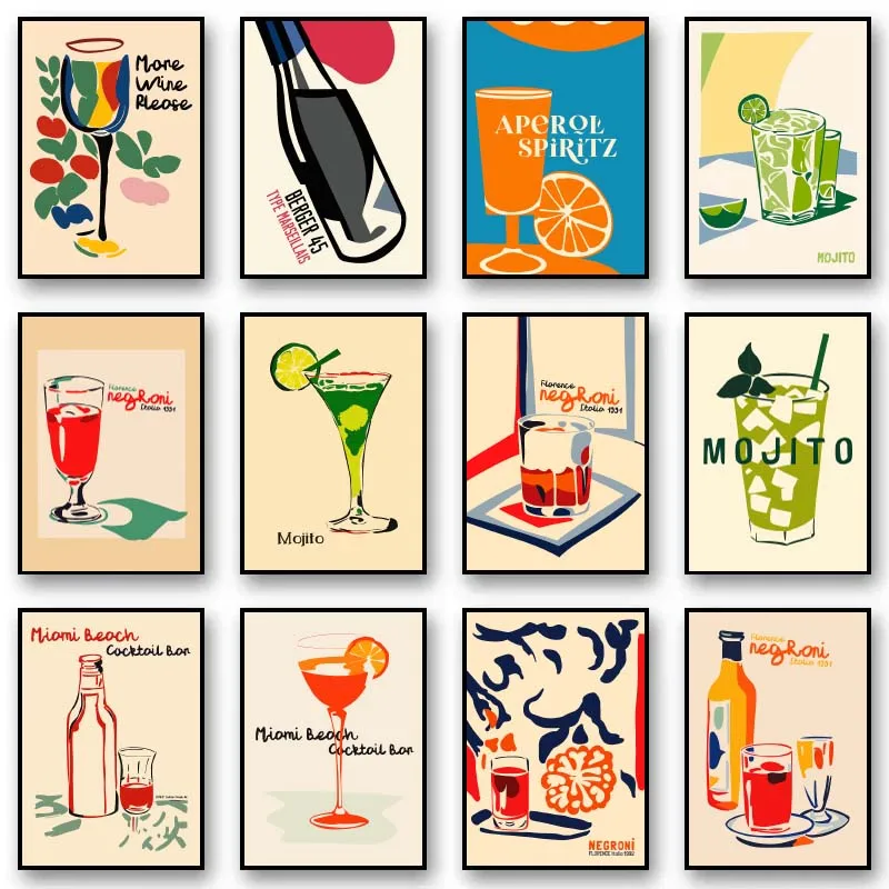 Retro Trendy Negroni Cocktail Drinks Wine Cheers Poster Prints Canvas Painting Wall Art Picture for Club Kitchen Home Decor