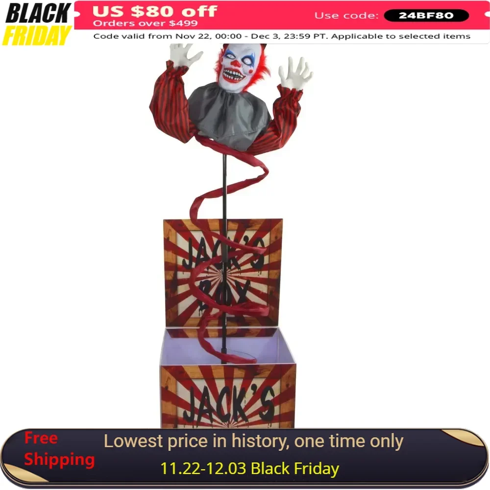 69-In. Halloween Decoration Jack the Animated Clown in a Box Indoor or Covered Outdoor Operated Festive Holiday Decor