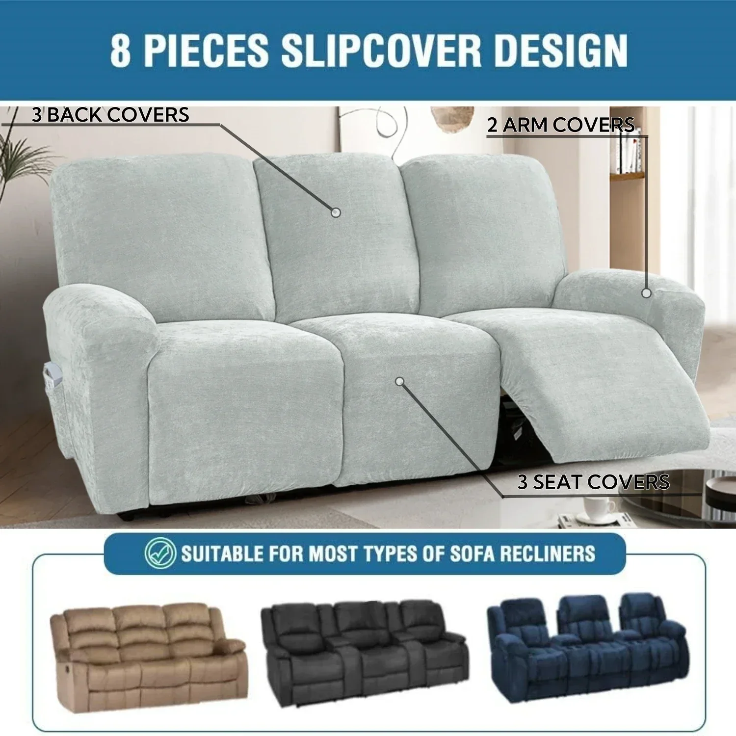 Chenille Fabric Recliner Sofa Cover 8-Pieces Stretch Soft Washable Recliner Sofa Slipcover 3-Seater Sofa Couch Protector