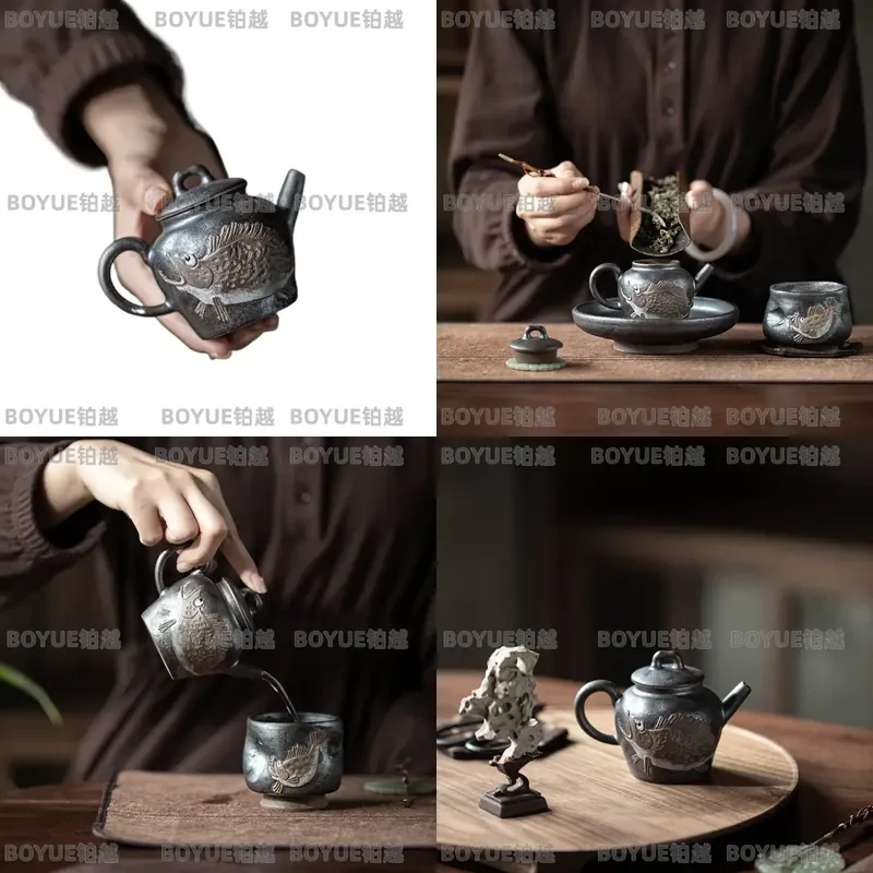 Handmade Stone Teapot Wood Burning Kettle Retro Household Tea Set Gift Box Traditional Brewing Pot for Home Use
