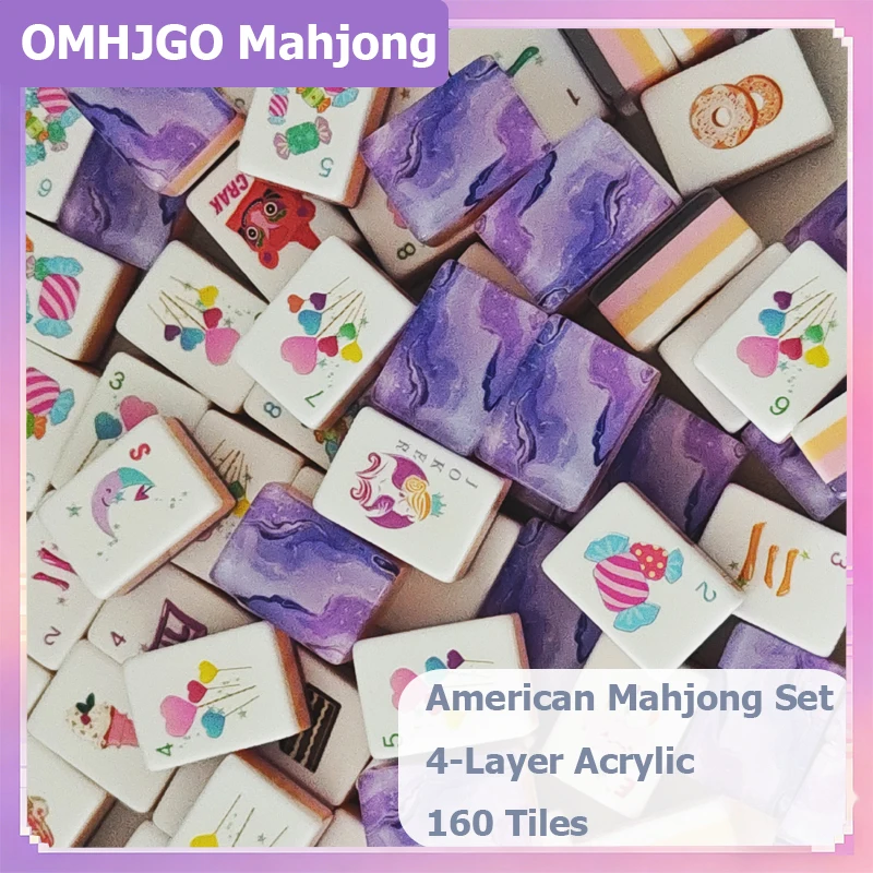 

OMHJGO 4 Layer Acrylic Marbled Purple Swirl American Mahjong Set Luxury Engraved Mahjong Tiles Board Game Gifts Travel Mah Jongg