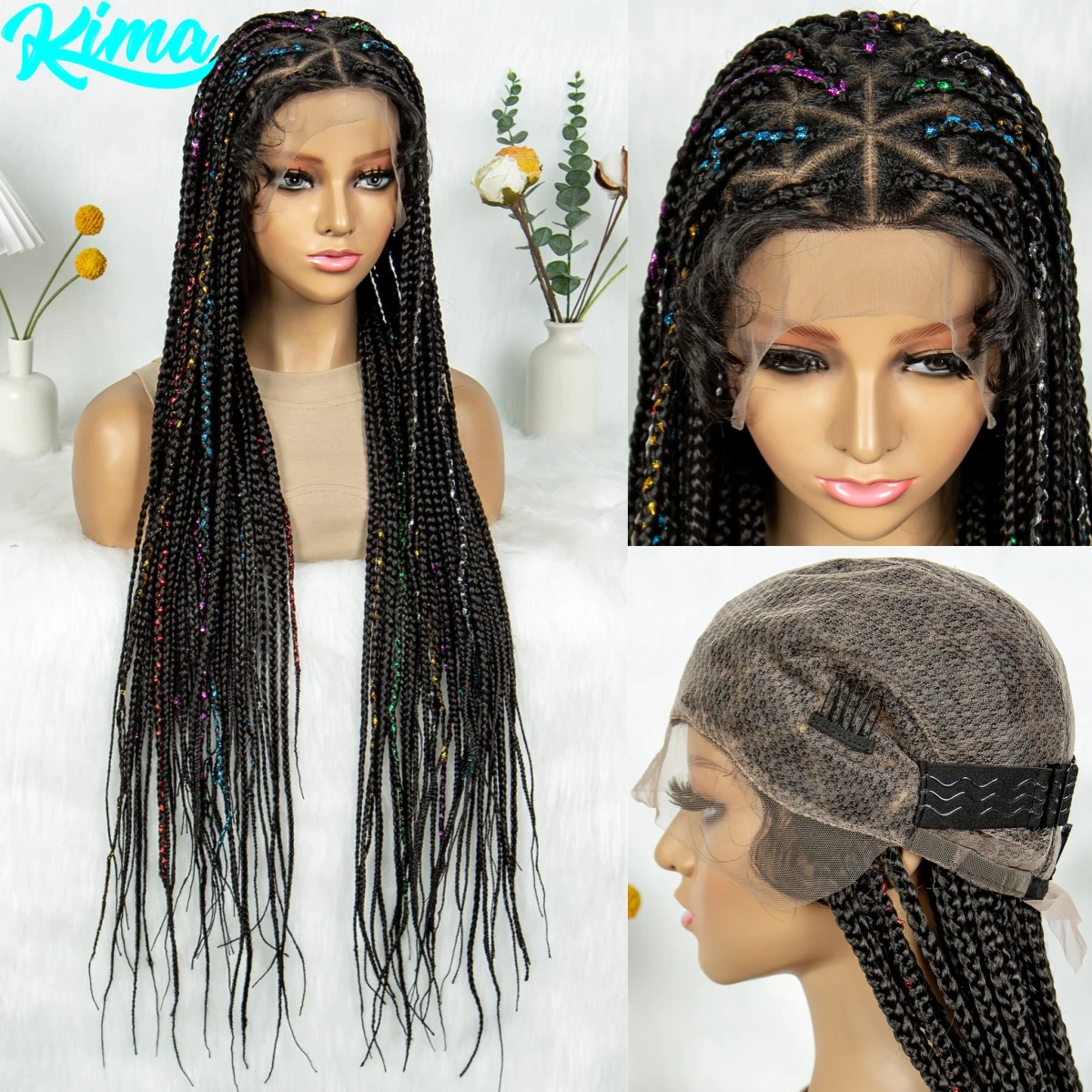 

36-дюймовые синтетические косички, коробка без узлов, полные кружевные косички, парики с цветными лентами, прямые кружевные плетеные парики с волосами ребенка