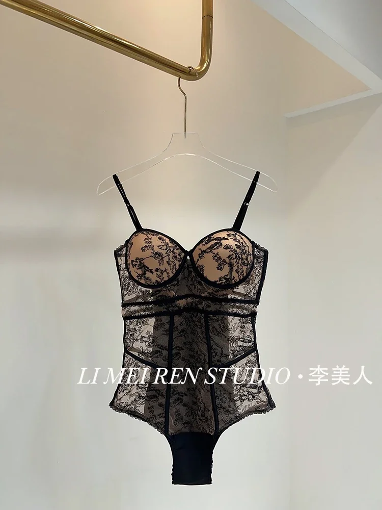 New Black Sexy Micro Transparent Lace Embroidered Strap Steel Bracket Gathers One Piece Swimsuit