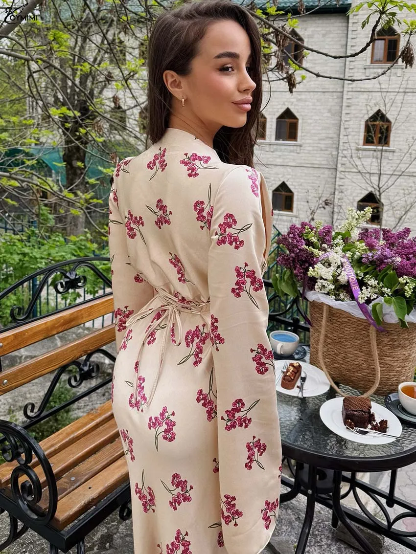 Oymimi elegante vestido feminino estampado preto moda cetim com decote em v manga comprida vestidos de renda outono cintura alta vestidos até o chão