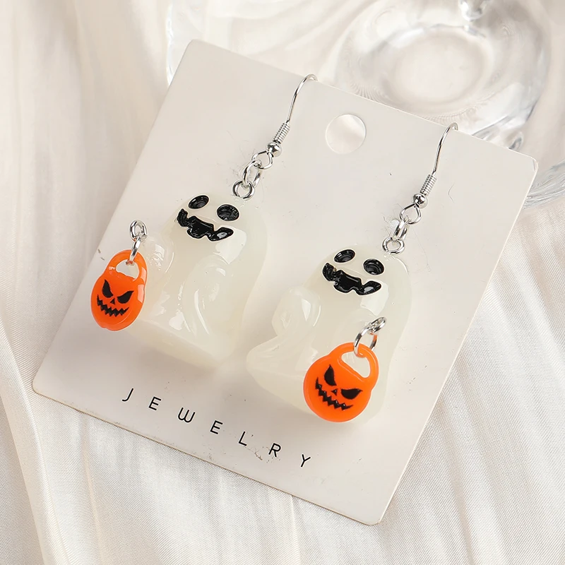 1Pair Halloween Woman Dangle Earrings Resin Glow In Dark 3D Ghost With Corn Candy Pumpkin For Girl Birthday Gift