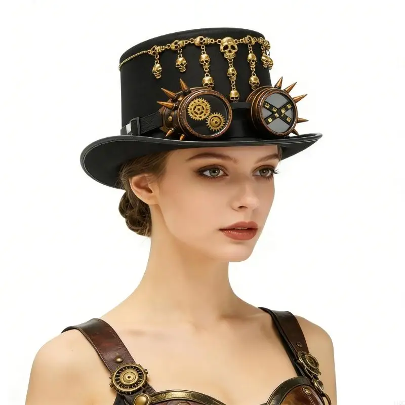 Gothic Costume Tall Hat With Protective Eyewear And Decorative Skull Chain For Theme Parties Halloween Cosplay Event 