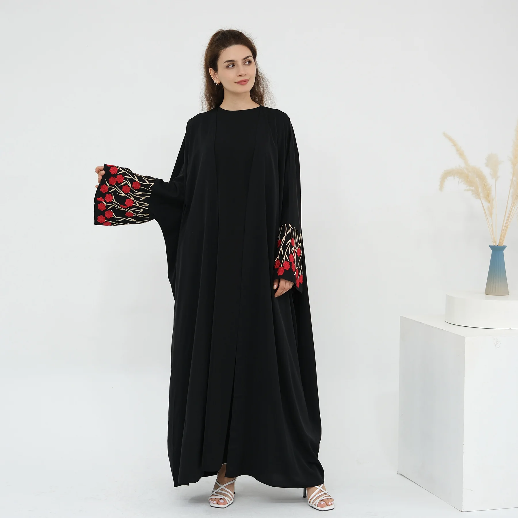 

Eid Kimono Cardigan Women Abaya Muslim Flower Embroidery Hijab Dress Party Jalabiya Ramadan Abayas Arab Long Robe Morocco Kaftan