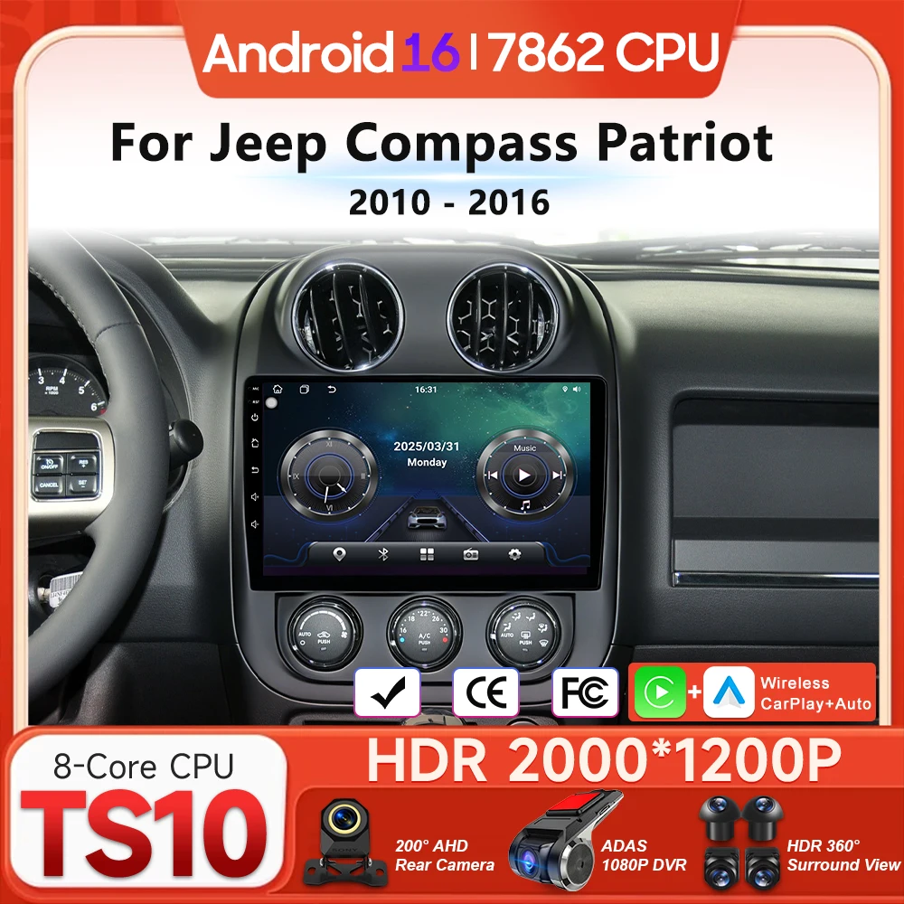 Reproductor Multimedia para Auto Android 16 para Jeep Compass Patriot 2010-2016, Radio con Carplay Inalámbrico, Video Estéreo, Wifi, Navegación GPS, Bluetooth