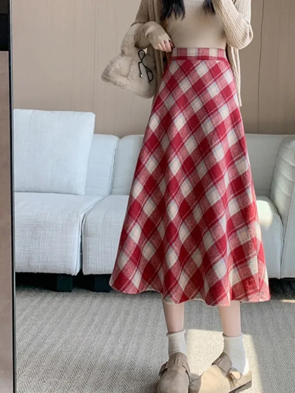 Winter High Waist Plaid Midi Skirt Korean Style Woolen Women's Clothing Mid-Year Commute Style No- Loose Fit Skirt