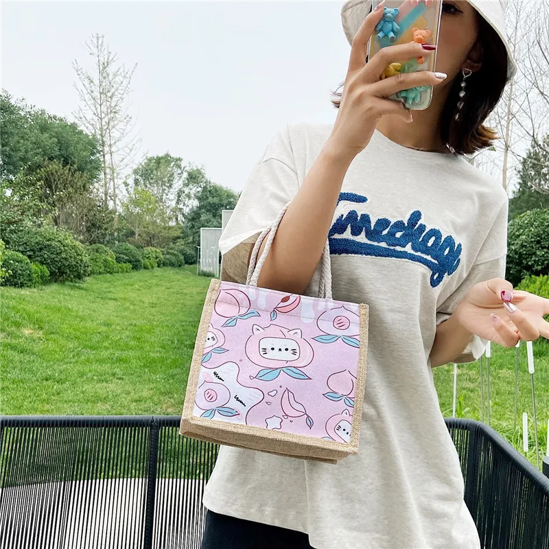 Cute Cartoon Pattern Linen Handbag For Women Fashion Canvas Grocery Storage Bag Large Capacity Travel Shopper Gift Tote Bag