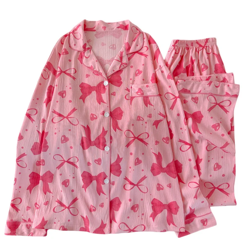 Japonais doux rose et tendre grand nœud printemps et automne vêtements de nuit à manches longues Cardigan extérieur pyjamas ensemble décontracté maison vêtements