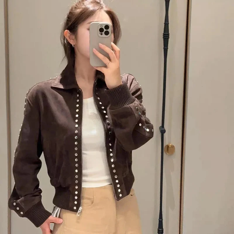 Vintage Women's Genuine Kid Suede Leather Jacket 2025 Rivet Stylish Coat Green Leather Bomber Jacket Baseball Uniform Mujer Ropa