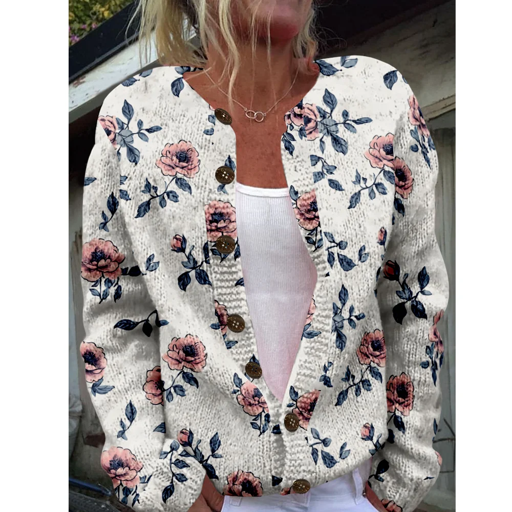 

Осень-зима вязаный милый кардиган с цветочным принтом, свитер, уличная одежда, женские свитера, вязаный топ, повседневные крутые джемперы, модные