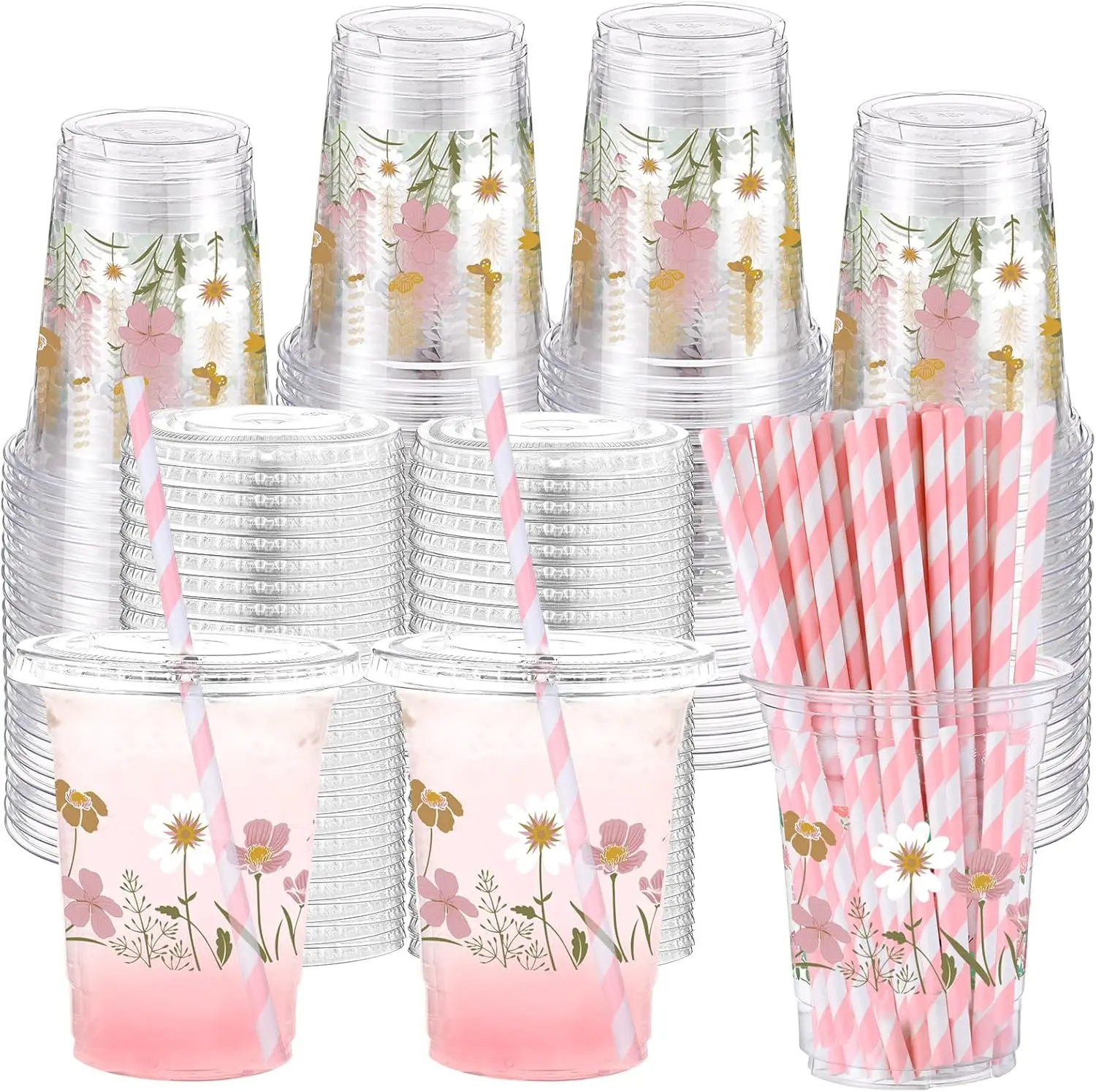 

50 Pcs Boho Flower Disposable Cups with Lids and Straw 12 oz Spring Summer Floral Clear Plastic Drinking Cups Wildflower