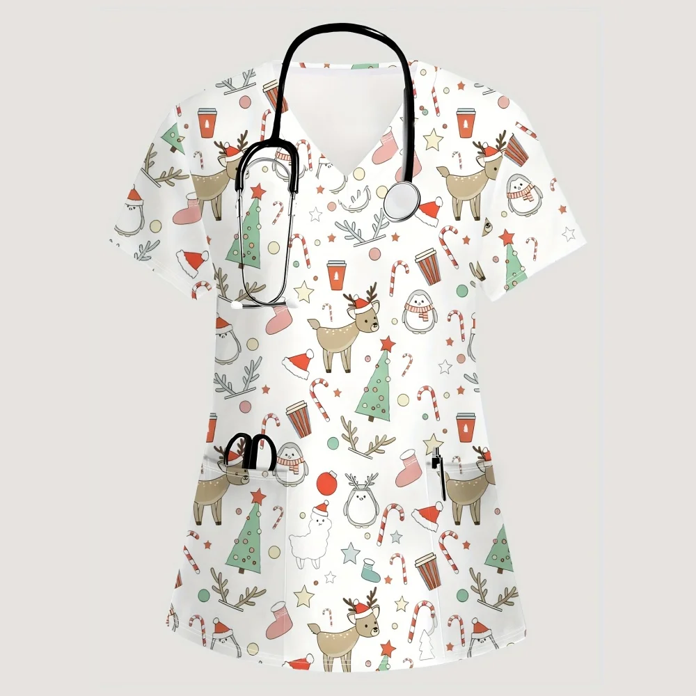 

Рождественская женская униформа медсестры с милым бесшовным узором и принтом, мягкая эластичная с карманами, топ с v-образным вырезом, повседневная женская униформа скрабами