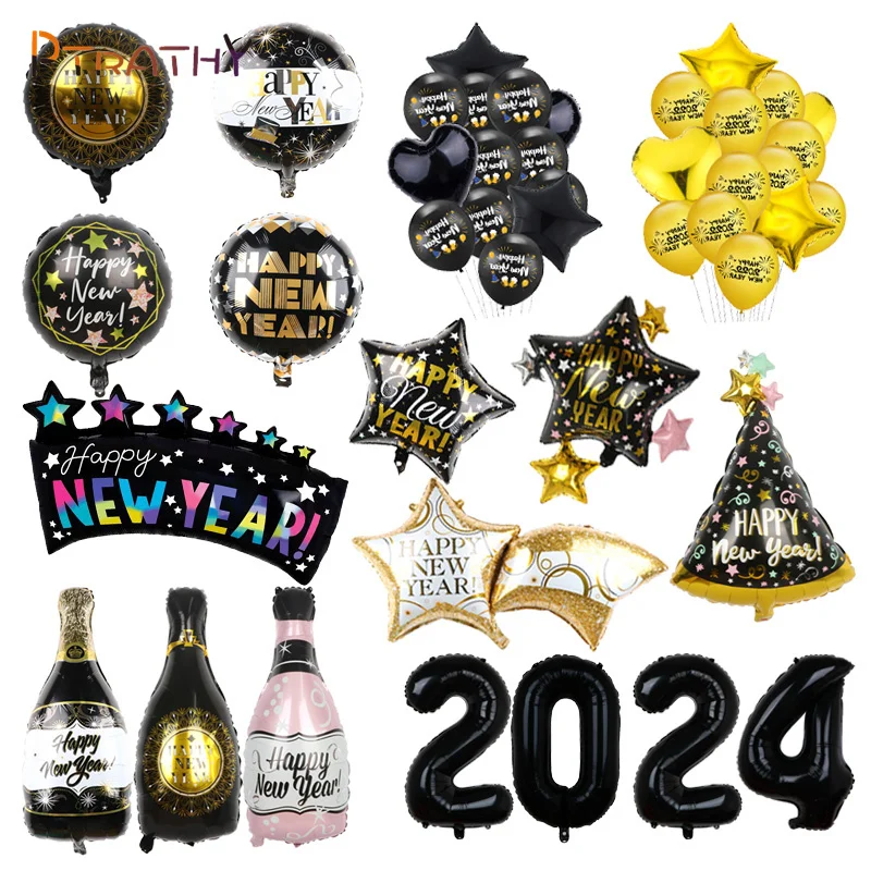 2024 Happy New Year Foil Balloons For Merry Christmas Party Decoration 18inch Black Bottle Helium Globos New Year Even Supplies